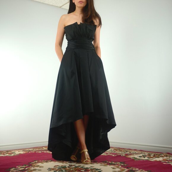 WHBM Black Duchess Satin Strapless High Low Hem Ball Gown with Pockets, sz 2 XXS - Picture 2 of 13